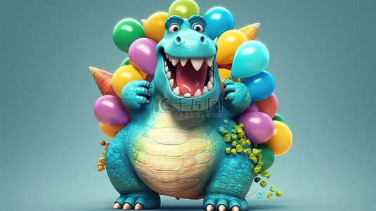 胖乎乎的 3D 恐龙用明亮的气球带来欢乐
