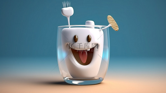 洁白的牙齿背景图片_可爱的 3D 卡通牙齿和牙刷在玻璃渲染中显示