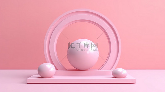 粉红色柔和背景上带有充气球和圆圈的讲台的 3D 渲染插图