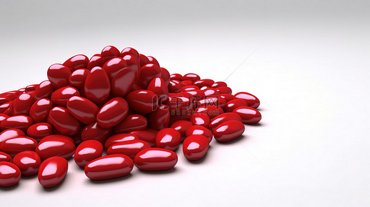 白色背景下红色心形一堆保健药丸的 3D 渲染