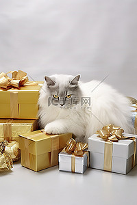 礼物猫背景图片_躺在圣诞礼物上的灰猫