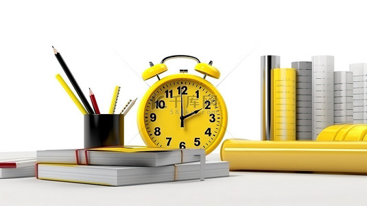 手表背景背景图片_将工作周与黄色时钟和白色背景工作图表的放松 3D 渲染进行对比