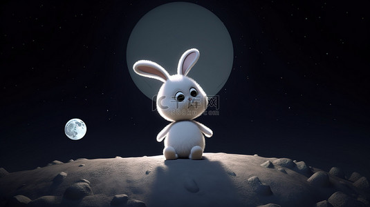 异想天开的 3d 渲染兔子栖息在月球上