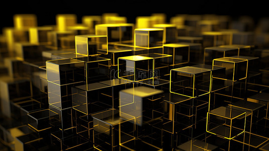 排列在黑色和黄色几何图案上的透明方形 3D 插图立方体