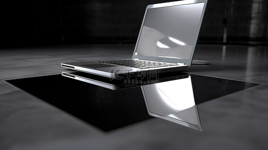 屏幕反光背景图片_反光灰色桌子展示了 3d 渲染的笔记本电脑