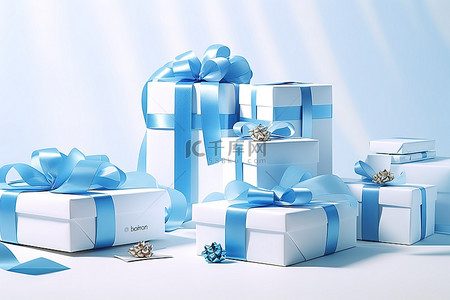 桌子上挨着放着一组蓝色礼物和盒子