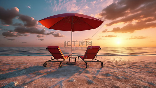 田园诗般的日落场景令人惊叹的海滩绿洲，配有躺椅和雨伞，3D 渲染
