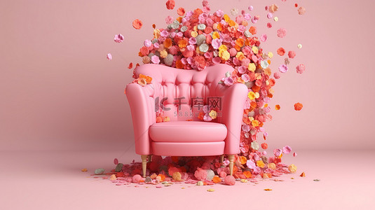 柔和的粉红色背景，带有 3D 渲染的粉红色扶手椅，装饰着五颜六色的花朵