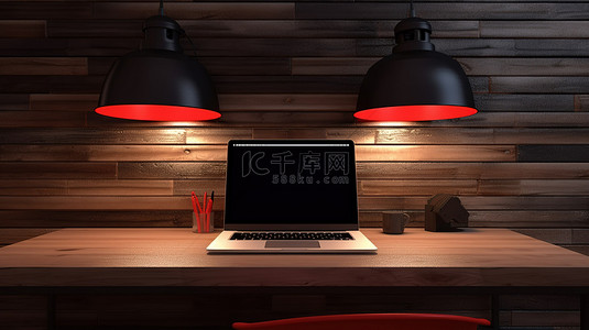 木板墙上的 3d 工作区模型红灯和笔记本电脑