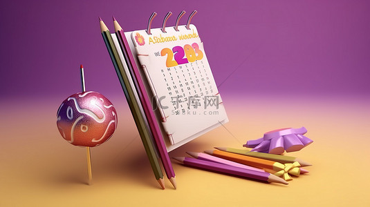卡通风格日历和铅笔的 3D 设计渲染
