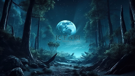 神秘星球上空灵的森林景观，带有月亮和星星 3D 插图
