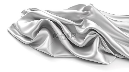 闪闪发光的金属窗帘在白色背景 3D 渲染上孤立地翱翔
