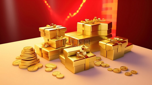 藏红背景图片_繁荣触手可及 3D 渲染金条硬币和礼品盒