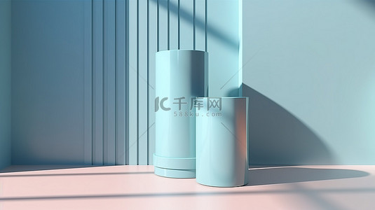 柔和的蓝色墙壁上的阳光阴影 3d 呈现两个圆柱形讲台用于产品放置