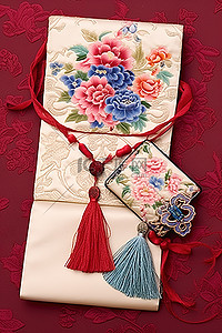 新年包装背景图片_一堆花上放着一个带流苏的红色信封