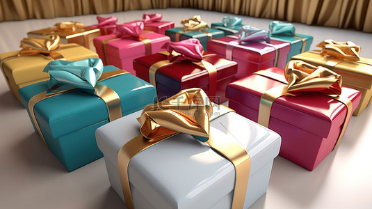 礼物箱背景图片_带有金色丝带和 3D 清晰白色包装的充满活力的礼物盒