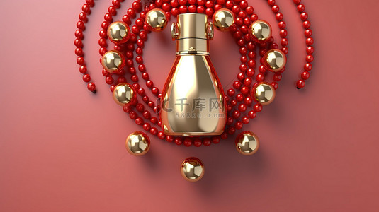 豪华的红色窗帘装饰着金珠和乳液管，从上面捕获完美的化妆品演示 3D 渲染图像