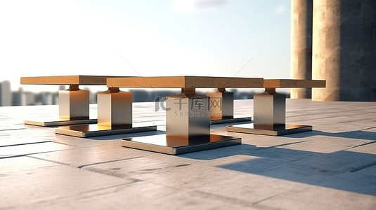 户外小茶几背景图片_具有现代建筑风格的时尚户外咖啡桌的 3D 插图
