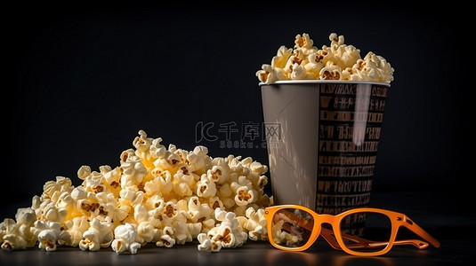 满杯西柚背景图片_电影之夜必需品爆米花杯和 3D 眼镜，位于光滑的黑色背景上，带有复制空间