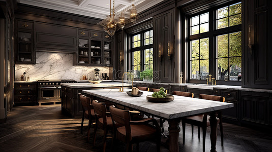 大理石台面的桌子和时尚的深色橱柜装饰现代厨房 3D 插图