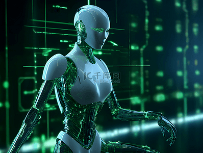 电脑数据科技背景背景图片_女性高科技仿生机器人大数据网络广告背景