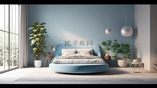 精致的当代卧室配有别致的蓝色凳子现代地毯和活泼的植物 3D 渲染