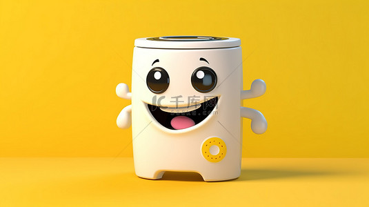 尖端白色洗衣设备吉祥物，配有可充电电池，采用鲜艳的黄色设置 3D 渲染