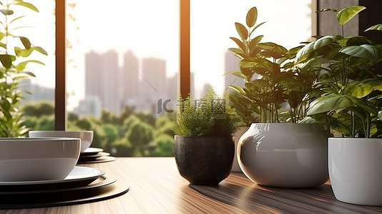 3D 家居室内设计中餐桌与相邻窗户和郁郁葱葱的盆栽绿叶的亲密景观
