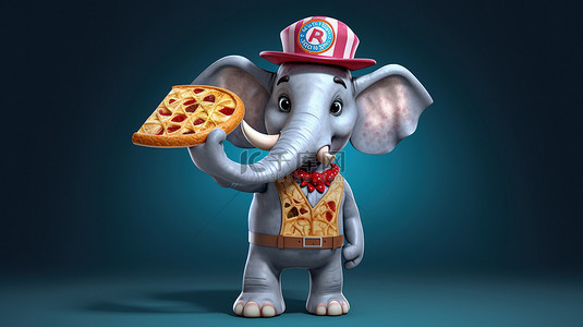 3d卡通大象背景图片_异想天开的 3D 大象与披萨和扩音器插图