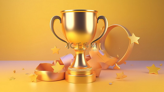 卡通风格 3D 插图金色冠军奖杯与星形图标胜利的终极象征