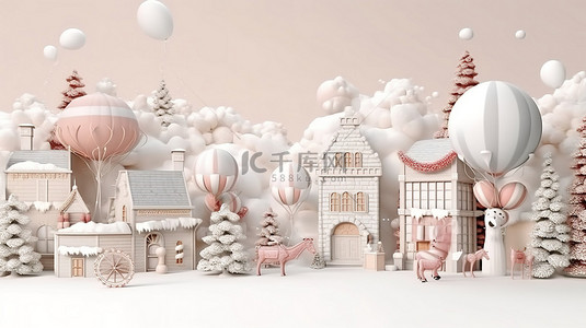 派对设计背景图片_节日 3D 渲染的圣诞节元素圣诞快乐和新年快乐的旗帜