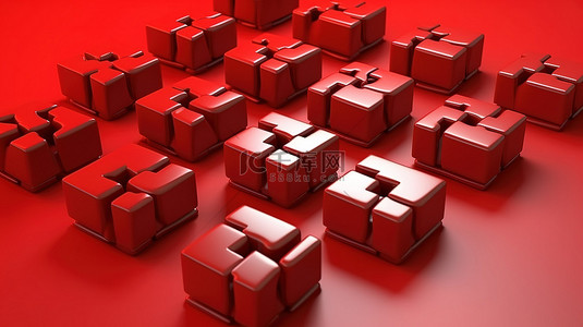 生动的红色背景 3D 渲染上的主题标签图标簇