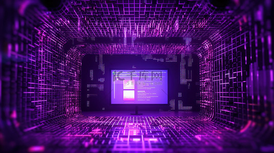 明亮的紫色编程背景上的方形模型框架的 3D 渲染鼓舞人心的代码和大数据概念