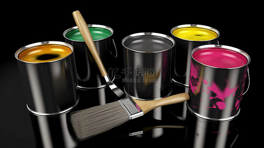 毛笔ps笔刷背景图片_3d 渲染中的油漆罐和刷子