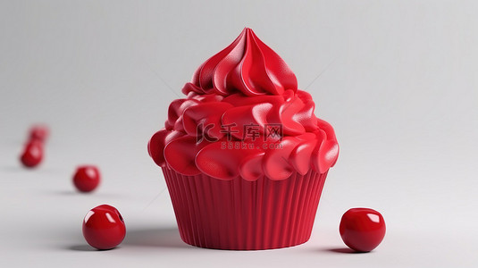 浅色背景上塑料风格的单色实心红色 3D 图标纸杯蛋糕甜点