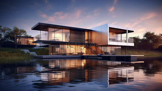 避暑旅游背景图片_当代河滨住宅的 3D 渲染