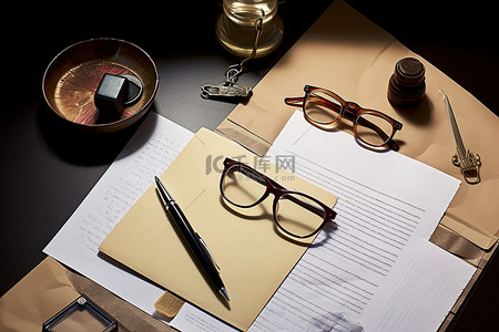 机密文件背景图片_桌子上放着律师服务，上面有信封眼镜和文件