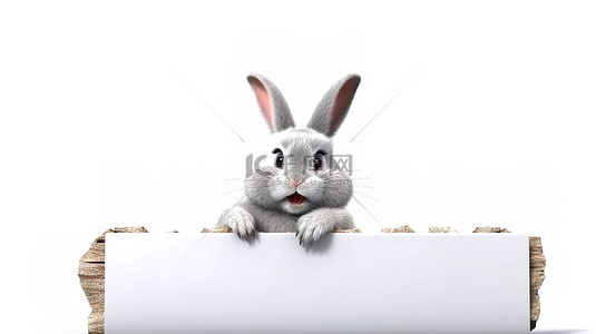 画册白板背景图片_卡通兔子的 3D 插图，横幅隔离在白色背景上