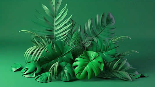 绿色热带背景图片_令人惊叹的 3D 橡皮泥布置一束郁郁葱葱的热带树叶棕榈树和龟背竹，呈清新的绿色