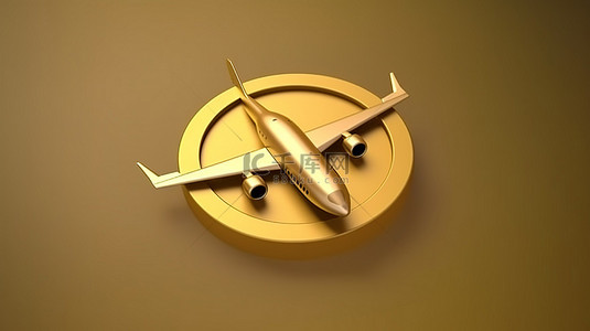 离港背景图片_离港飞机金属设计的图标，带有闪闪发光的金色饰面 3D 渲染，供社交媒体使用