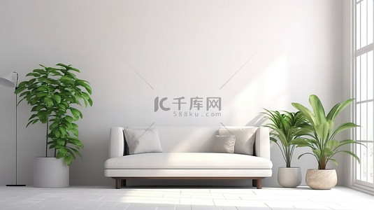 居家高空坠落背景图片_现代客厅配有沙发枕头灯和植物 3D 渲染
