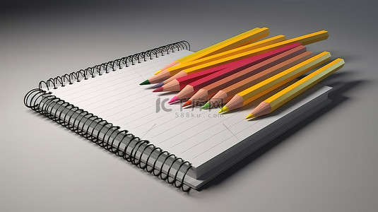 带铅笔的笔记本 3d 渲染