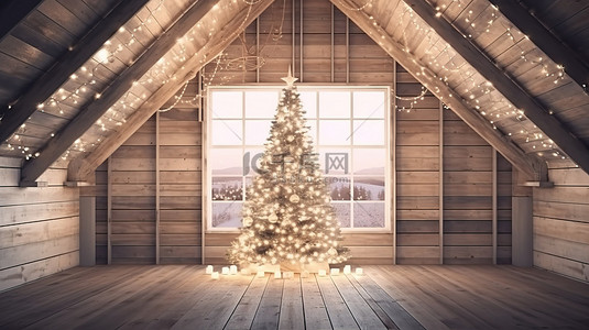 3D 渲染圣诞树的插图，位于舒适的斯堪的纳维亚农舍环境中，配有夜间照明
