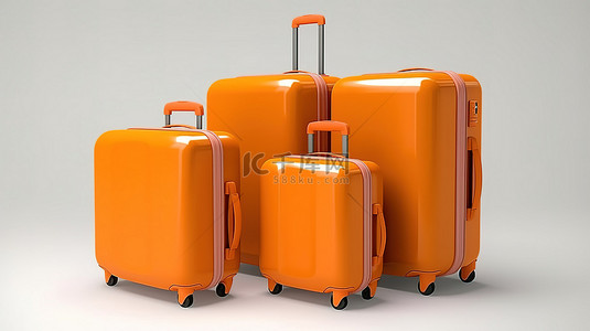 白色背景上充满活力的橙色行李箱系列 3D 渲染