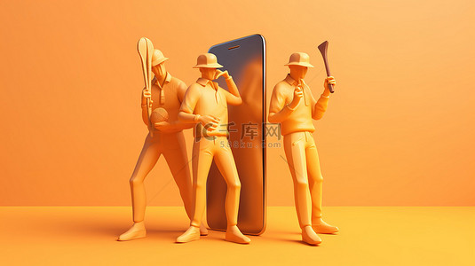 光滑的柔和橙色背景，展示带有比赛装备和智能手机的板球运动员的 3D 插图