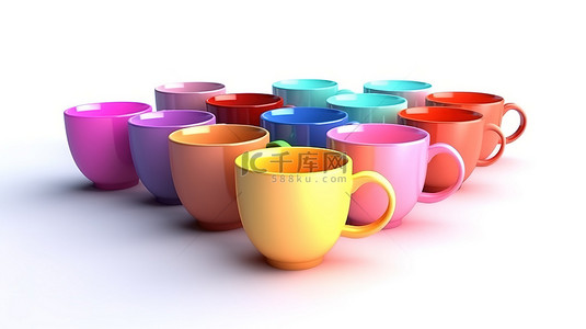 咖啡厅茶背景图片_白色背景上彩色杯子的逼真 3D 渲染