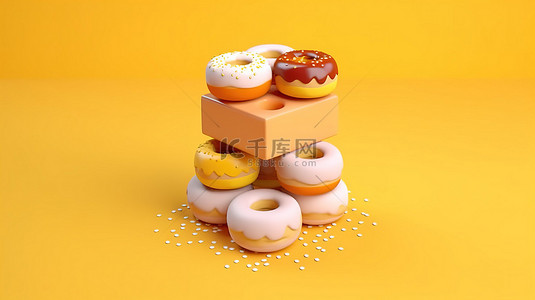 等距甜甜圈场景在充满活力的黄色背景上进行创意 3D 渲染，非常适合餐厅面包店和食品配送概念