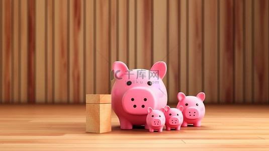 现金背景图片_充满活力的粉红色存钱罐与 3D 渲染家庭木切