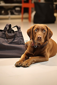 坐着舒适背景图片_一只狗坐着，桌子上放着一个购物袋