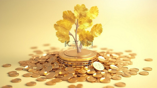 以树和金币为特色的商业概念的 3D 渲染